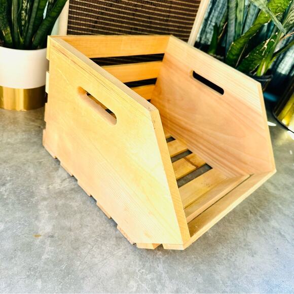 Modern Rustic Raw Light Beige Wood Slat Handle Bucket Box Crate Storage With Lip - Picture 2 of 9